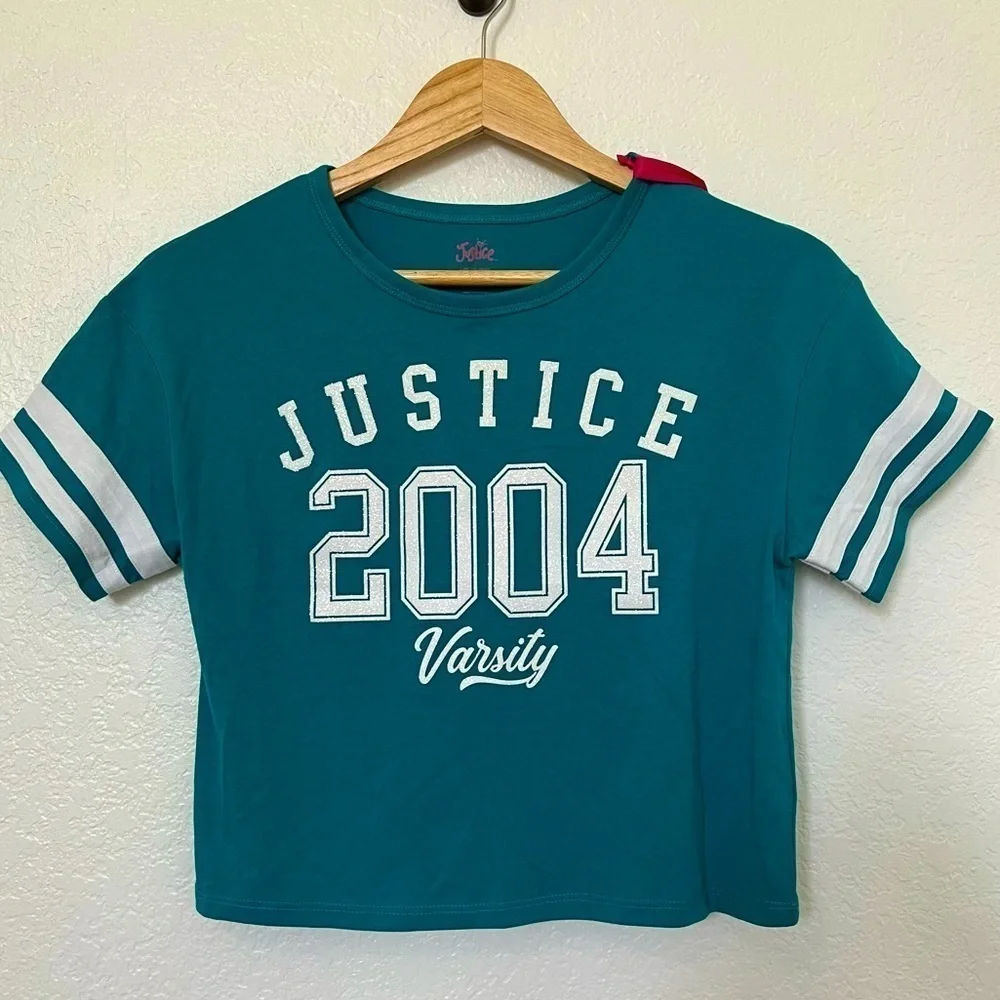 Girls Justice boxy crop tee/ teal/ white glitter letter SZ 7/8 NWT